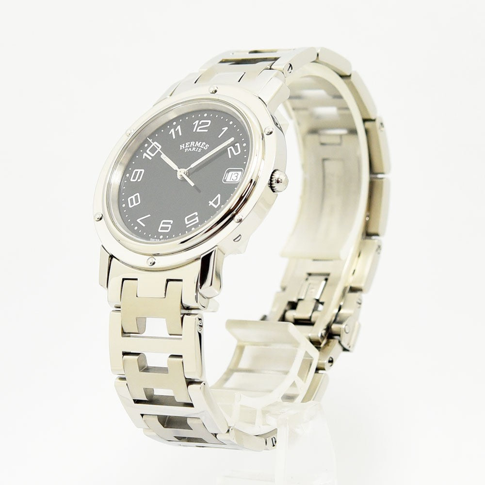 VINTAGE WATCHES FASHIONのHERMÈSクリッパー腕時計。ブラック文字盤とHモチーフのステンレススチール製ブレスレットが特徴。