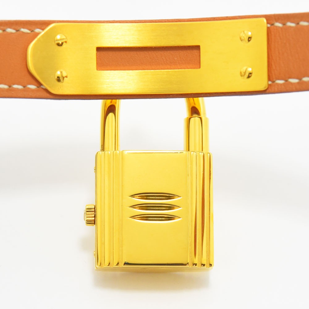 VINTAGE WATCHES FASHIONのHERMESケリーウォッチ。ゴールドのカデナ型ケースとホワイトステッチ入りブラウンレザーベルトが特徴のレディース腕時計。