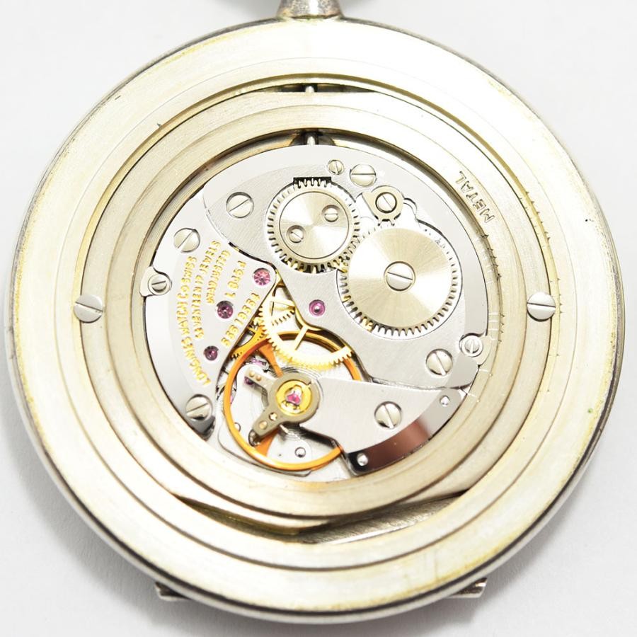 VINTAGE WATCHES FASHIONのロンジン製アガシ記念懐中時計。シルバーカラーのケース、ローマ数字の文字盤、ブルーの針。裏蓋にはアガシ博士の肖像と年号のエッチング。
