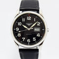 VINTAGE WATCHES FASHION 自動巻きメンズウォッチ、ブラックダイヤル、アラビア数字インデックス、日付表示窓、ブラックレザーストラップ。
