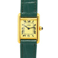VINTAGE WATCHES FASHION Must de Cartier Tank腕時計、ゴールドケース、アイボリー文字盤、ローマ数字、グリーンレザーベルト