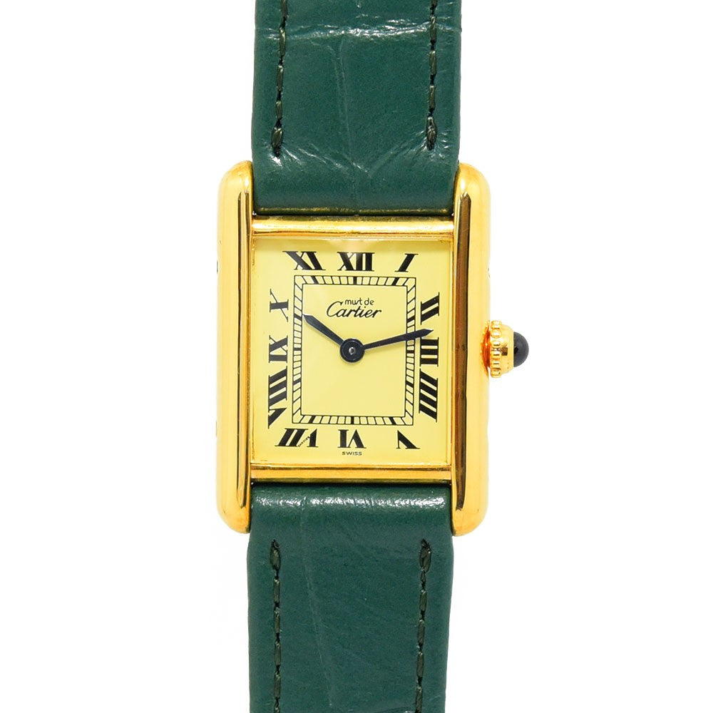 VINTAGE WATCHES FASHION Must de Cartier Tank腕時計、ゴールドケース、アイボリー文字盤、ローマ数字、グリーンレザーベルト