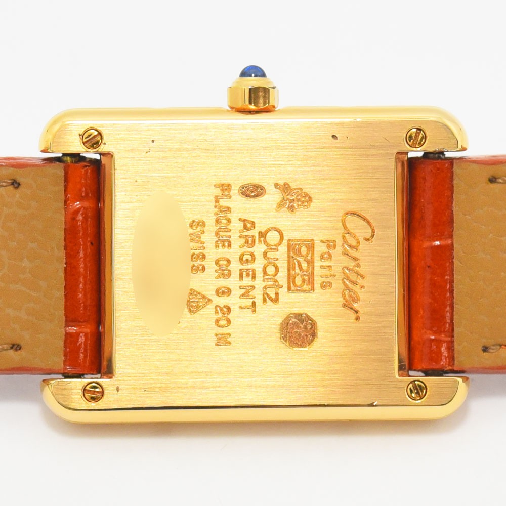 VINTAGE WATCHES FASHION Must de Cartier Tank Watch ゴールドトーンケース、オレンジのアリゲーター型押しレザーストラップ、ローマ数字の文字盤