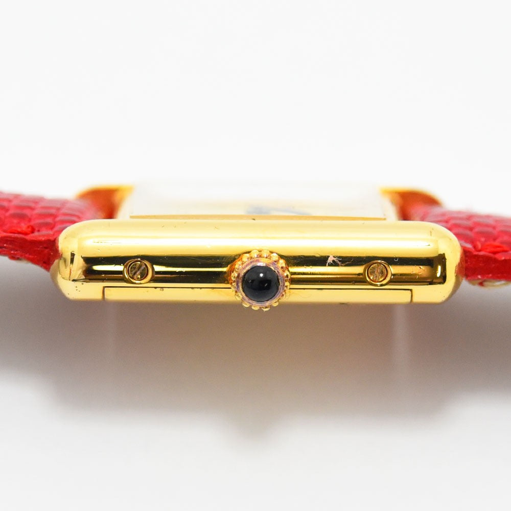 VINTAGE WATCHES FASHIONのMust de Cartier Tankウォッチ、ゴールドトーンケース、レッドレザーバンド、ローマ数字の文字盤