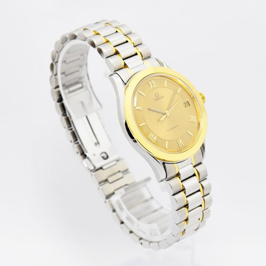 VINTAGE WATCHES FASHION オメガ自動巻きメンズウォッチ。ゴールド文字盤、ローマ数字インデックス、日付表示、ステンレススチールとゴールドのコンビブレスレット。