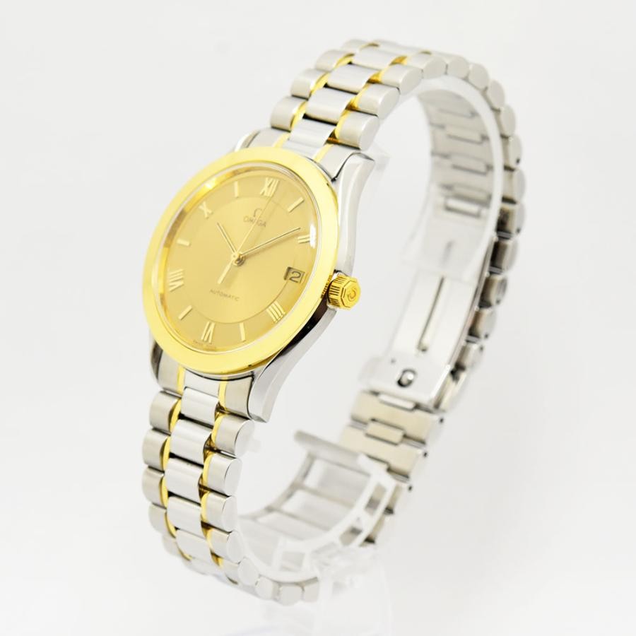 VINTAGE WATCHES FASHION オメガ自動巻きメンズウォッチ。ゴールド文字盤、ローマ数字インデックス、日付表示窓、ステンレススチールとゴールドのコンビブレスレット。