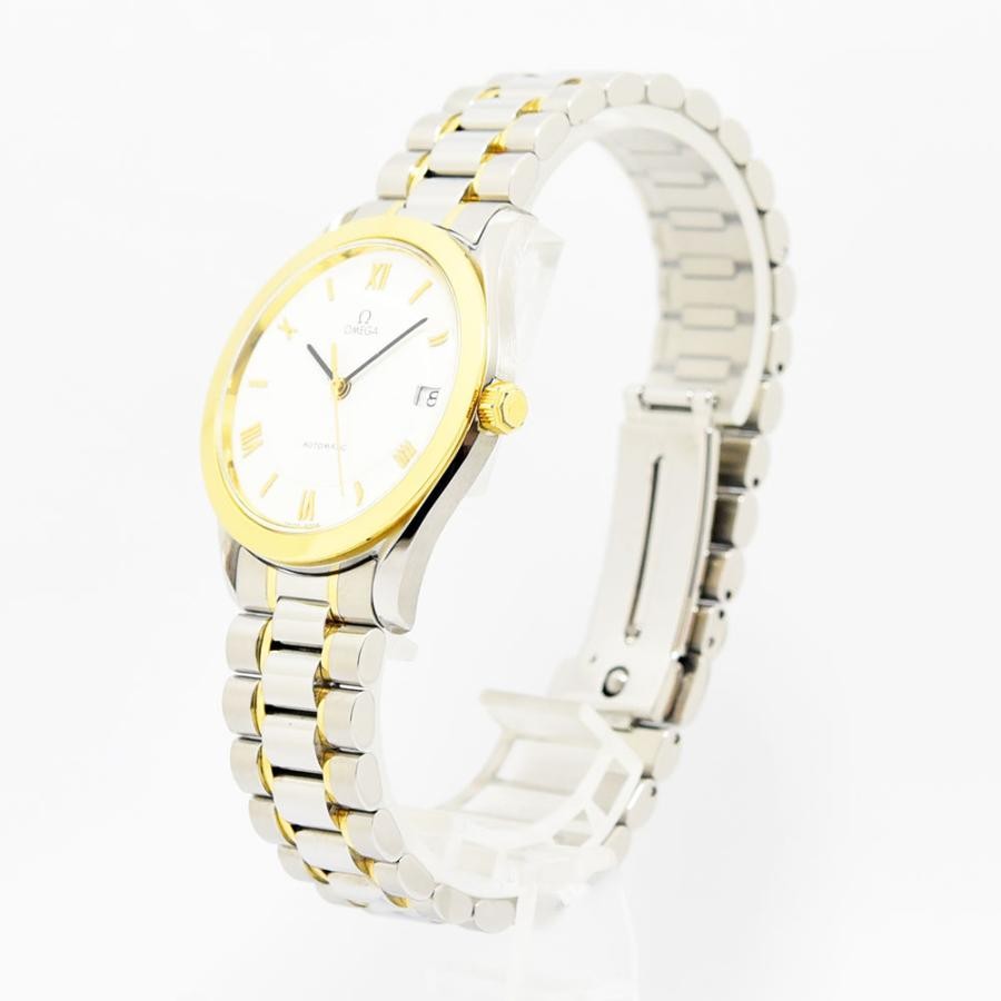 VINTAGE WATCHES FASHION オメガ 自動巻き メンズ腕時計。シルバーとゴールドのコンビネーション、ホワイト文字盤、ローマ数字インデックス、日付表示窓付き。