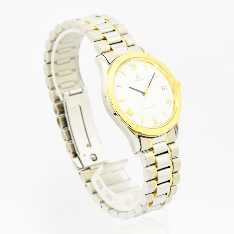 VINTAGE WATCHES FASHION オメガ 自動巻き メンズ腕時計。シルバーとゴールドのコンビカラー、ホワイト文字盤、ローマ数字インデックス、日付表示窓付き。