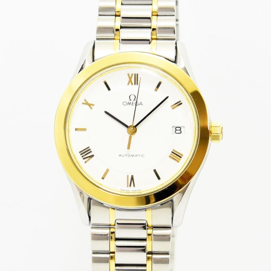 VINTAGE WATCHES FASHION オメガ 自動巻き メンズ 腕時計。シルバーとゴールドのコンビネーション、ホワイト文字盤、ローマ数字インデックス、日付表示窓付き。