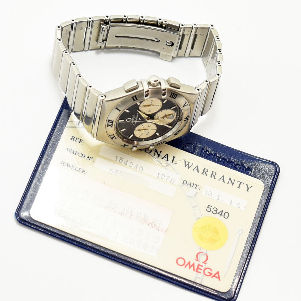 VINTAGE WATCHES FASHIONのOMEGAコンステレーション・クロノグラフ。ネイビー文字盤とステンレススチール製ブレスレット、保証書付き。
