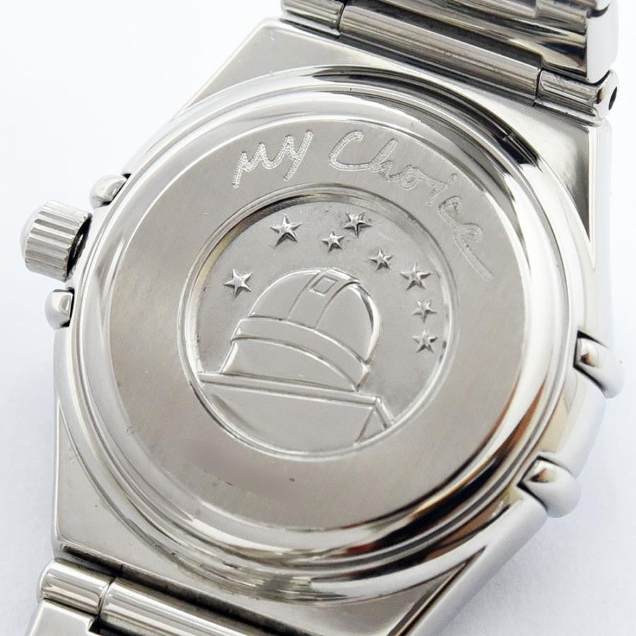 VINTAGE WATCHES FASHION オメガ コンステレーション ダイヤモンド レディースウォッチの裏蓋。ステンレススチール製で、天文台のレリーフと星、そして「my Choice」の文字が刻印されています。
