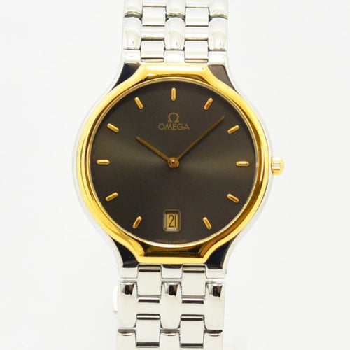 VINTAGE WATCHES FASHION オメガ メンズ腕時計、ゴールドベゼル、ダークグレー文字盤、ステンレススチールブレスレット、日付表示