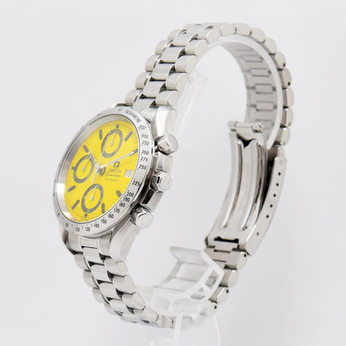 VINTAGE WATCHES FASHION オメガ スピードマスター 自動巻きクロノグラフ、鮮やかなイエローダイヤル、ステンレススチールブレスレット、タキメーターベゼル