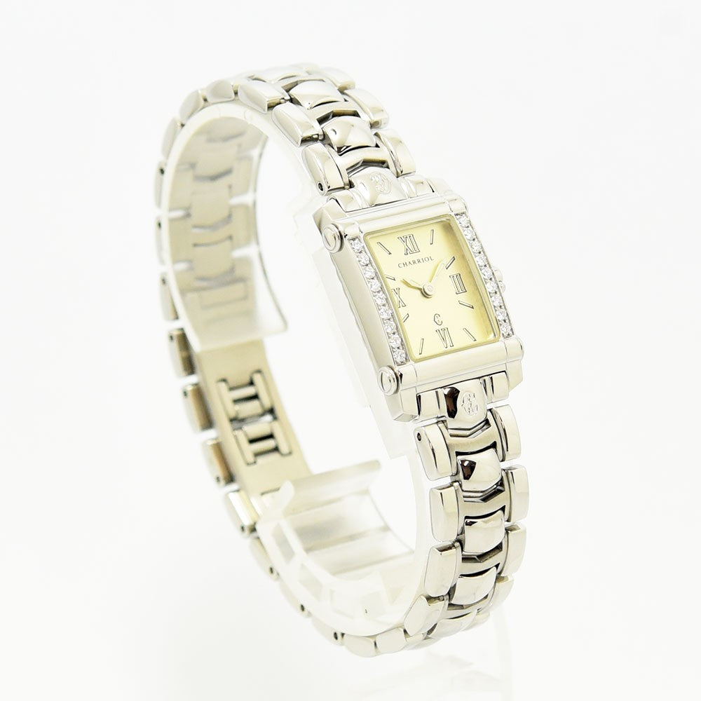 VINTAGE WATCHES FASHIONのフィリップ・シャリオール コロンブス レディース腕時計。ダイヤモンドベゼルとクリーム色の文字盤が輝くステンレス製スクエアウォッチ