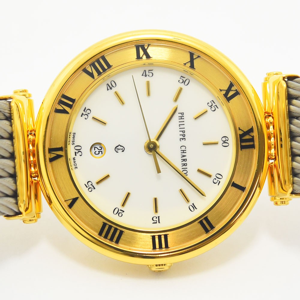 VINTAGE WATCHES FASHIONのPHILIPPE CHARRIOLレディース腕時計。ゴールドベゼルとローマ数字、特徴的なワイヤーバンドがエレガントなスイス製クォーツウォッチ。