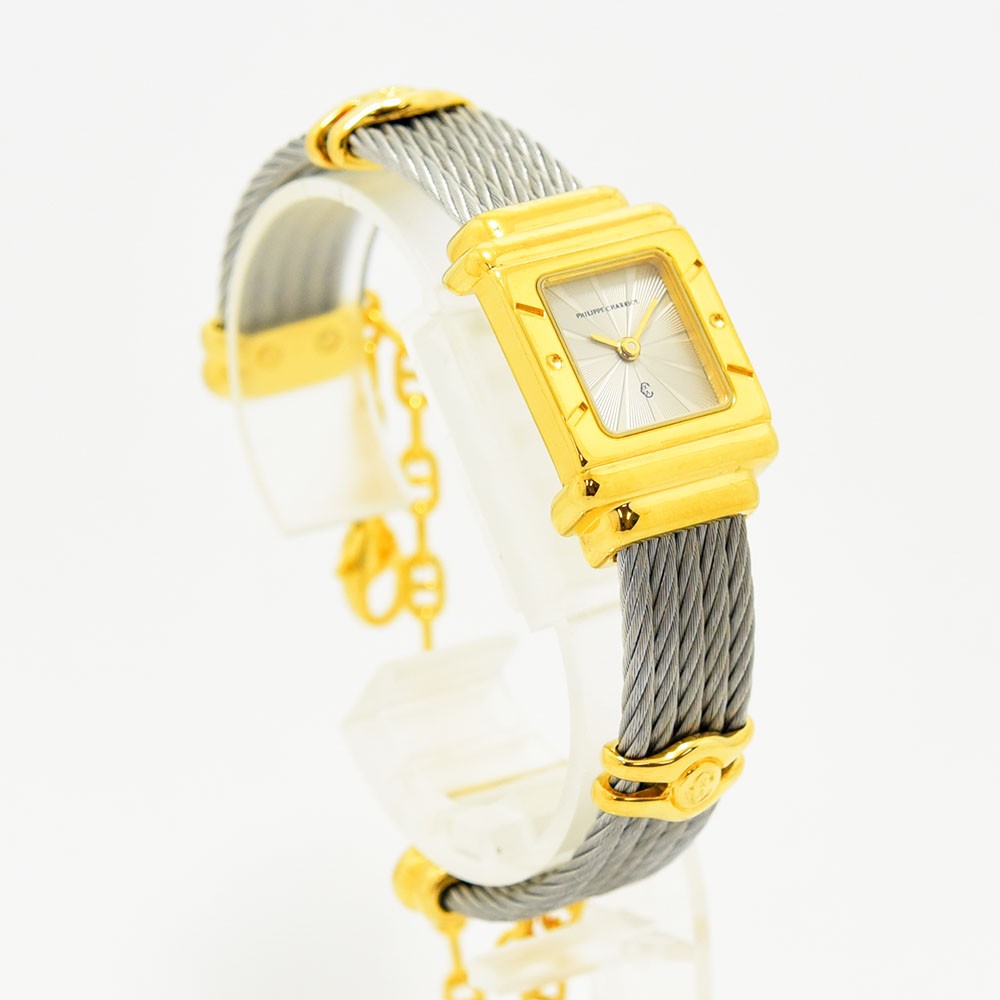 VINTAGE WATCHES FASHIONのフィリップ・シャリオール製レディース腕時計。ゴールドケースとシルバーのワイヤーケーブルブレスレットが特徴的なエレガントなデザイン。