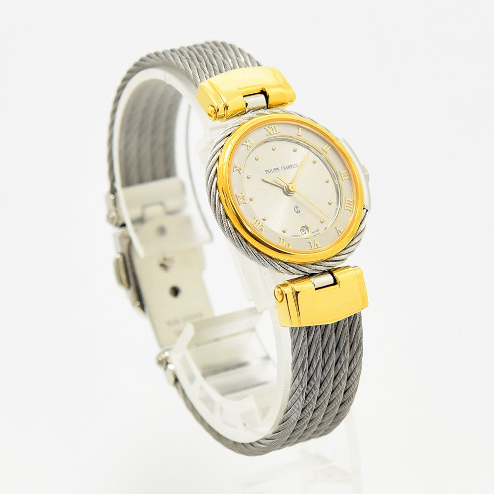 VINTAGE WATCHES FASHIONのPhilippe Charriolレディース腕時計。シルバーのワイヤーケーブルブレスレットとゴールドのベゼルが特徴的なスイス製クォーツウォッチ。