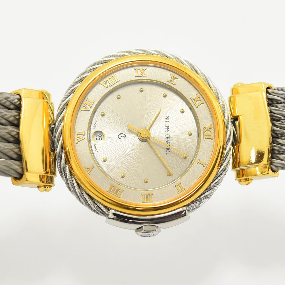 VINTAGE WATCHES FASHIONのフィリップ・シャリオール製レディース腕時計。シルバーとゴールドのコンビカラーで、アイコニックなワイヤーケーブルブレスレットとローマ数字の文字盤が特徴。