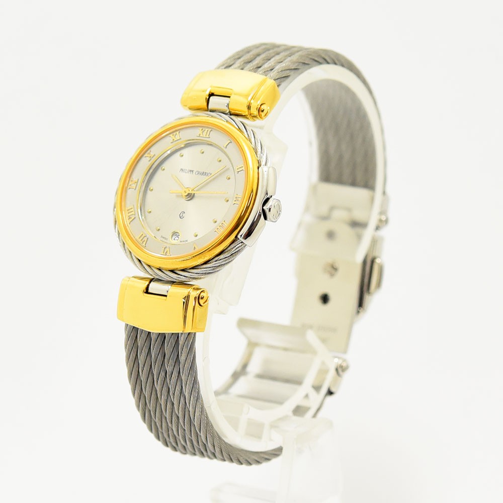 VINTAGE WATCHES FASHIONのフィリップ・シャリオール レディース腕時計。シルバーのワイヤーケーブルとゴールドのコンビカラーが特徴的なスイス製ウォッチ