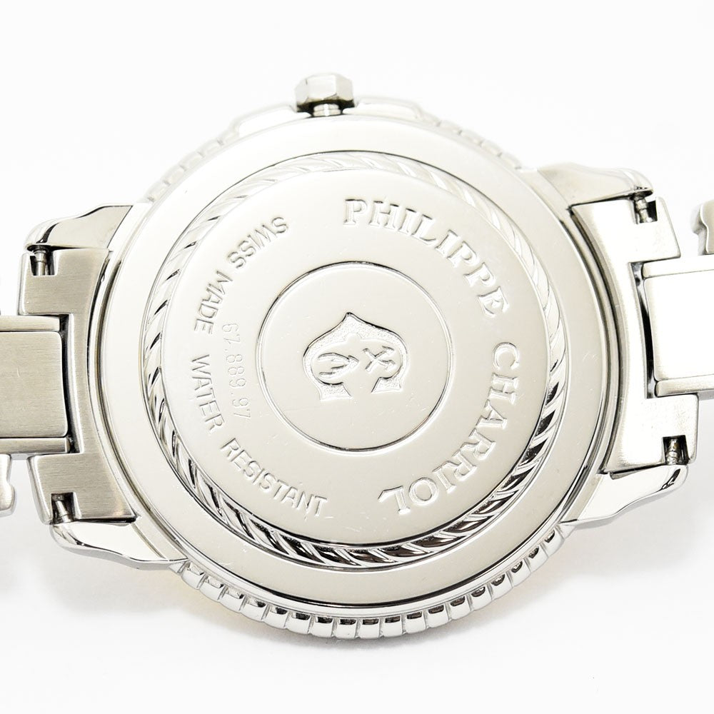 VINTAGE WATCHES FASHIONのPHILIPPE CHARRIOL腕時計の裏蓋。ステンレススチール製でブランドロゴとスイスメイドの刻印入り。