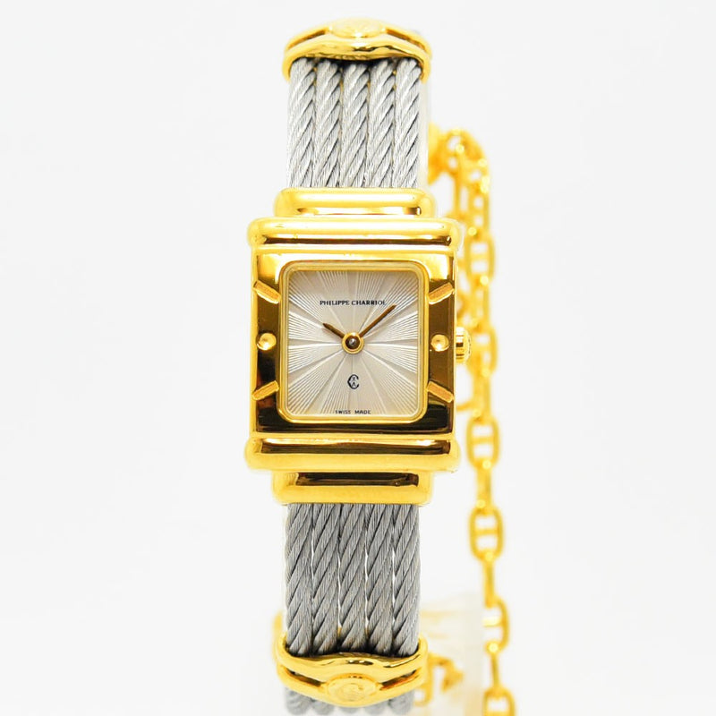 VINTAGE WATCHES FASHIONのフィリップ・シャリオール製レディース腕時計。ゴールドケースとシルバーのワイヤーケーブルブレスレットが特徴的なエレガントなデザイン。