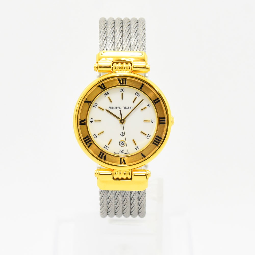 VINTAGE WATCHES FASHIONのPHILIPPE CHARRIOLレディース腕時計。ゴールドベゼルと特徴的なワイヤーバンド、ローマ数字インデックスがエレガントなステンレス製ウォッチ。