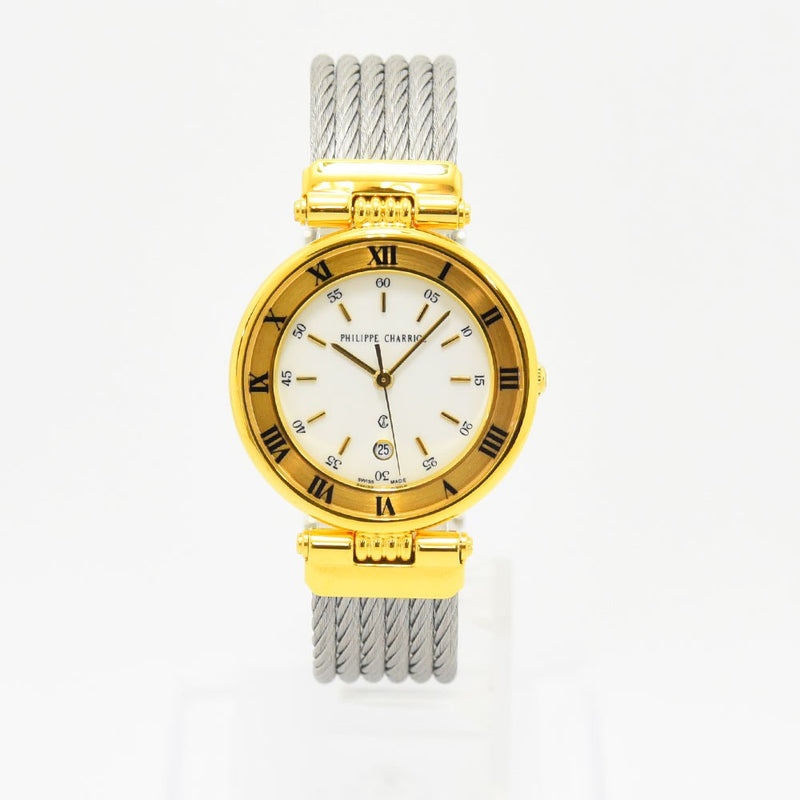 VINTAGE WATCHES FASHIONのPHILIPPE CHARRIOLレディース腕時計。ゴールドベゼルと特徴的なワイヤーバンド、ローマ数字インデックスがエレガントなステンレス製ウォッチ。