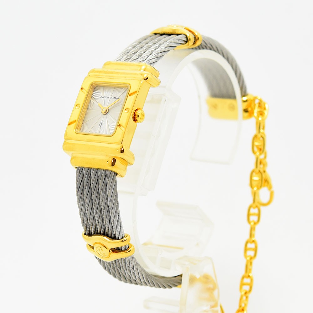 VINTAGE WATCHES FASHIONのフィリップ・シャリオール製レディース腕時計。ゴールドケースとシルバーのワイヤーケーブルブレスレットが特徴的なエレガントなデザイン。