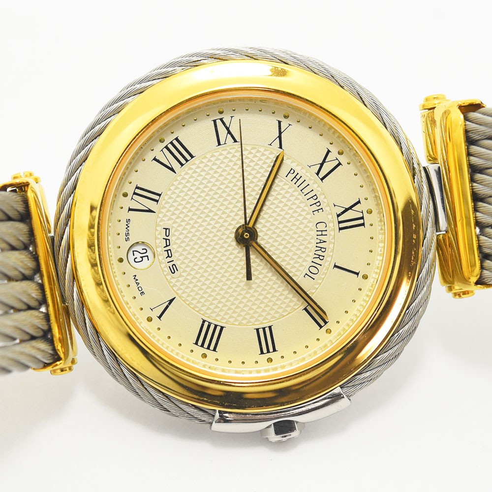 VINTAGE WATCHES FASHIONのPhilippe Charriolレディース腕時計。ゴールドとシルバーのワイヤーケーブルブレスレット、ローマ数字文字盤、日付表示付き。