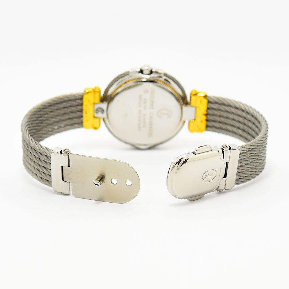 VINTAGE WATCHES FASHIONのPhilippe Charriolレディース腕時計、シルバーとゴールドのワイヤーケーブルブレスレットの背面図