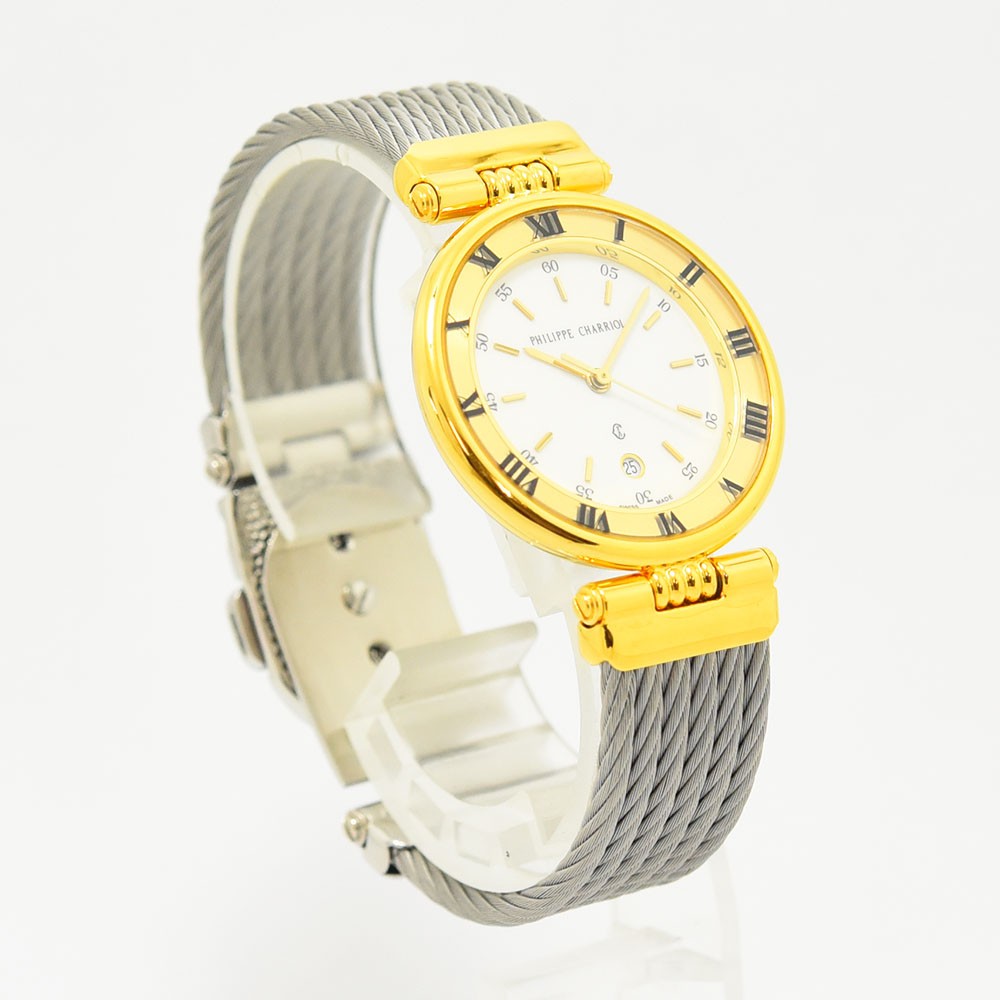 VINTAGE WATCHES FASHIONのPHILIPPE CHARRIOLレディース腕時計。ゴールドベゼルと特徴的なワイヤーバンドがエレガントなステンレス製クォーツ時計