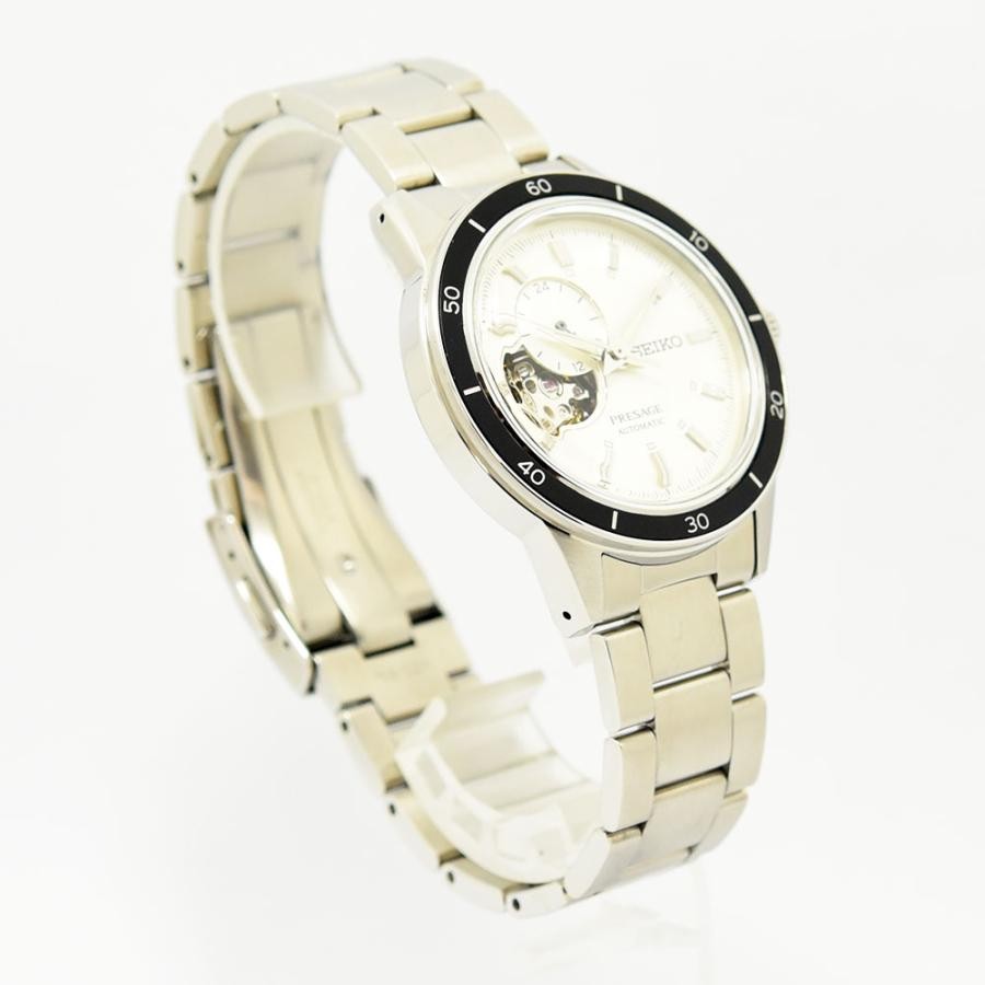 VINTAGE WATCHES FASHION プレザージュ オートマチックウォッチ、オフホワイトダイヤル、オープンハート、ブラックセラミックベゼル、ステンレススチールブレスレット