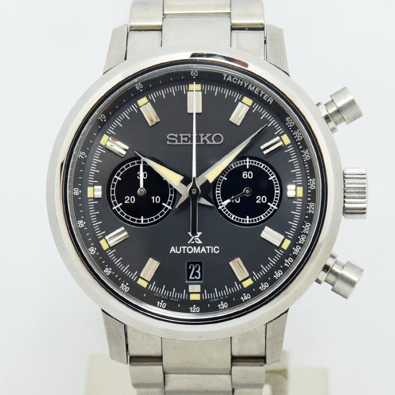 VINTAGE WATCHES FASHION 自動巻きクロノグラフ、ダークグレー文字盤、ステンレススチールブレスレット、日付表示、タキメーターベゼル